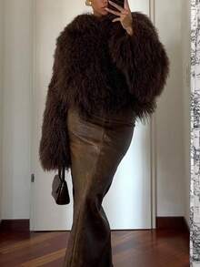 魅力舒适仿皮草优雅派对外套，秋冬女士皮草大衣 - 棕色 - 查看 4