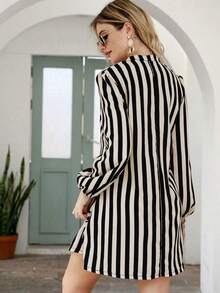 Vestido túnico de rayas de cuello de muesca - Caqui - Ver 2