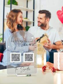 客製化蜜月基金 QR Code 拱門可掃描 QR Code 婚禮標牌 個性化壓克力婚禮桌飾標牌 個性化情侶儲蓄桌標牌 適用於婚禮、派對與生日，美學婚禮裝飾 - 彩色 - 查看 6