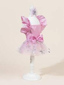 一套宠物薄纱婚纱，带领结，可爱印花连衣裙+领结宠物服装，弹力网纱公主宠物裙，适合猫狗 - 彩色 - 查看 4