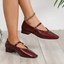 Sapatilhas femininas elegantes, confortáveis e confortáveis para áreas externas, bico quadrado, tira preta, minimalistas, inspiradas em balé, adequadas para festas, banquetes, feriados, saídas à noite, saltos grossos versáteis - Borgonha - Ver 6