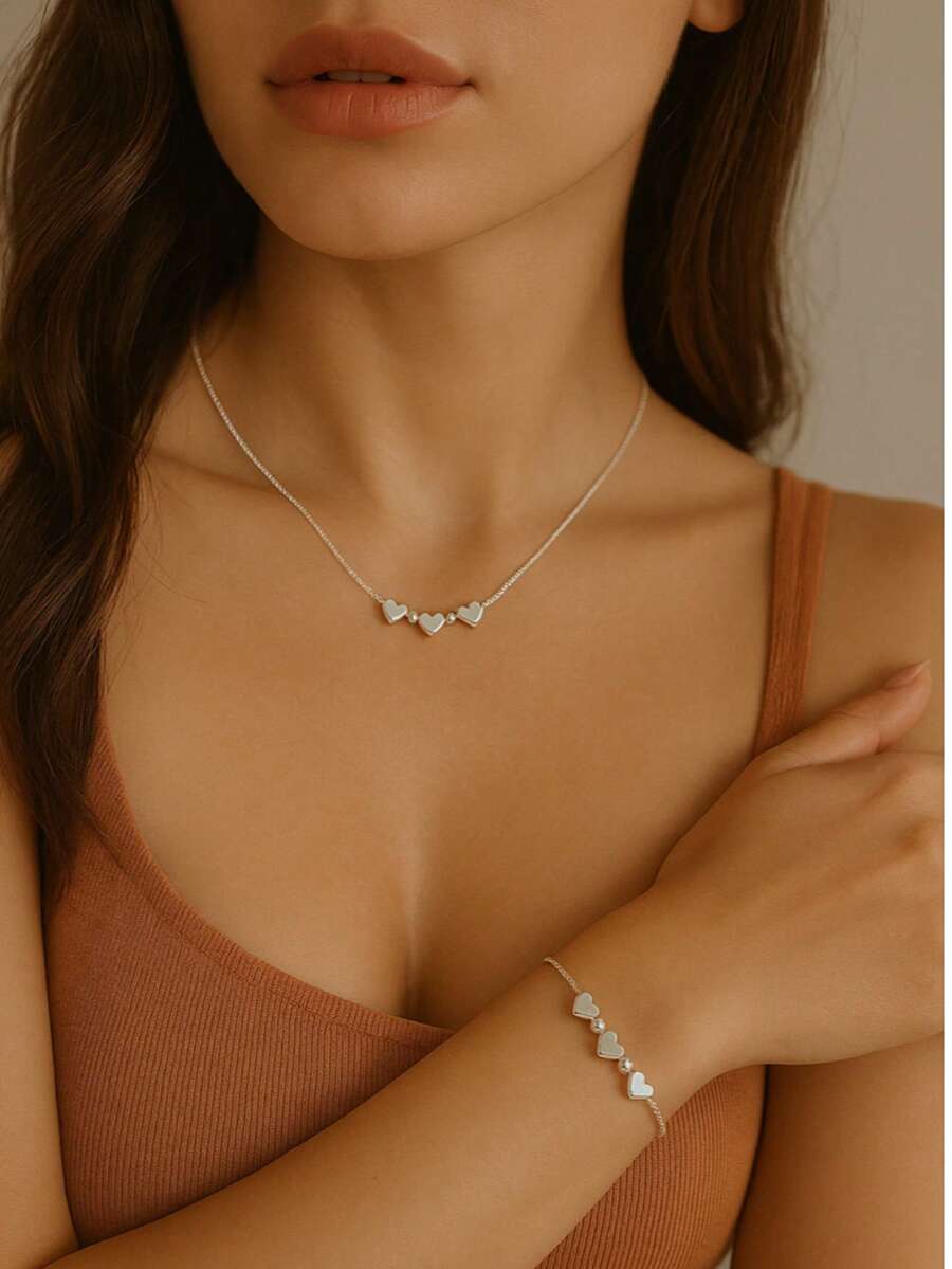 KIT 2 Necklace And Bracelet With Pierced Heart Plated In 925 Silver - Bạc - Xem 1