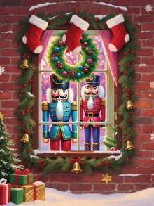 1 pièce Livre de l'histoire du Casse-Noisette rouge et or, décor de fenêtre de Noël, 80 cm * 120 cm, style fantaisie des vacances, décoration de fenêtre rectangulaire avec village enneigé, lumières scintillantes, boules de Noël, scène de nuit sous la lune, convient pour la décoration intérieure/extérieure de la maison, théâtre, fête de Noël et d'hiver