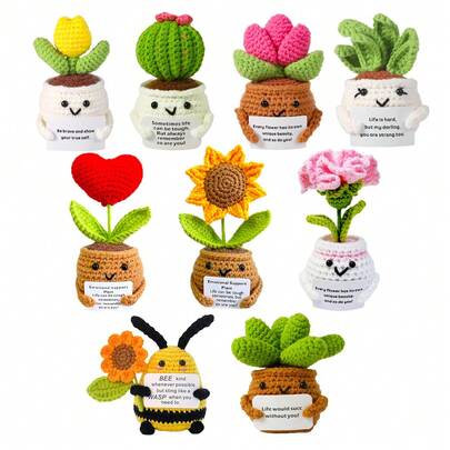 Zabawne, pozytywne ozdoby szydełkowe z roślin i kwiatów, słoneczniki ręcznie robione na szydełku, doniczkowe rośliny, dziergane kwiaty, urocze szydełkowe ozdoby dekoracyjne, pluszowe ziemniaki, kreatywne dziergane kwiaty do samochodu, dekoracji biurka w domu, zachęcaj przyjaciół, świąteczny prezent do skarpety
