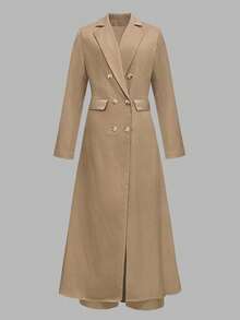 Set 2 bucăți pentru femei, elegant, cu cămașă și pantaloni, culoare solidă, cu crăpături laterale, stil naveta, început de toamnă - Kaki - Vizualizare 1