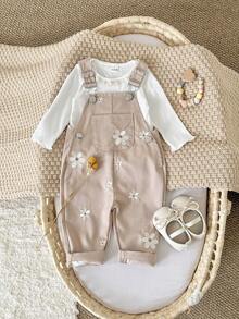 Baby Girls' Casual All-Over Embroidered Floral Light Blue Suspender Pants, Summer