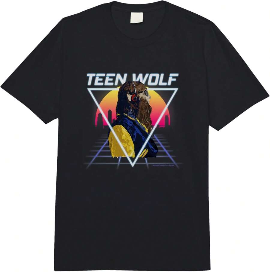 Teen Wolf Retro Vintage Eighties Skyline Grid Werewolf Badge  Adult Heavyweight T-Shir - 黑色 - 查看 1