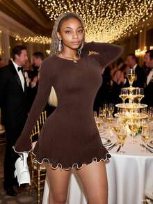 假日风性感波浪卷边迷你毛衣连衣裙，可爱街头风，时尚别致，适合派对穿着 - 咖啡棕 - 查看 8