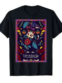 Camiseta De Hombre Para El Día De Los Muertos Mexicano - Estampado Vibrante Del Búho Alebrijes Y Calavera Azucarada, Diseño Colorido Arte Popular Mexica, Camiseta Casual Cuello Redondo Para Celebraciones E Indumentaria Casual En Tallas Adultas Lavable A Máquina, Prenda Cultural Con Patrones Detallados Motivos Tradicionales Méxicos - oscuro - Ver 1