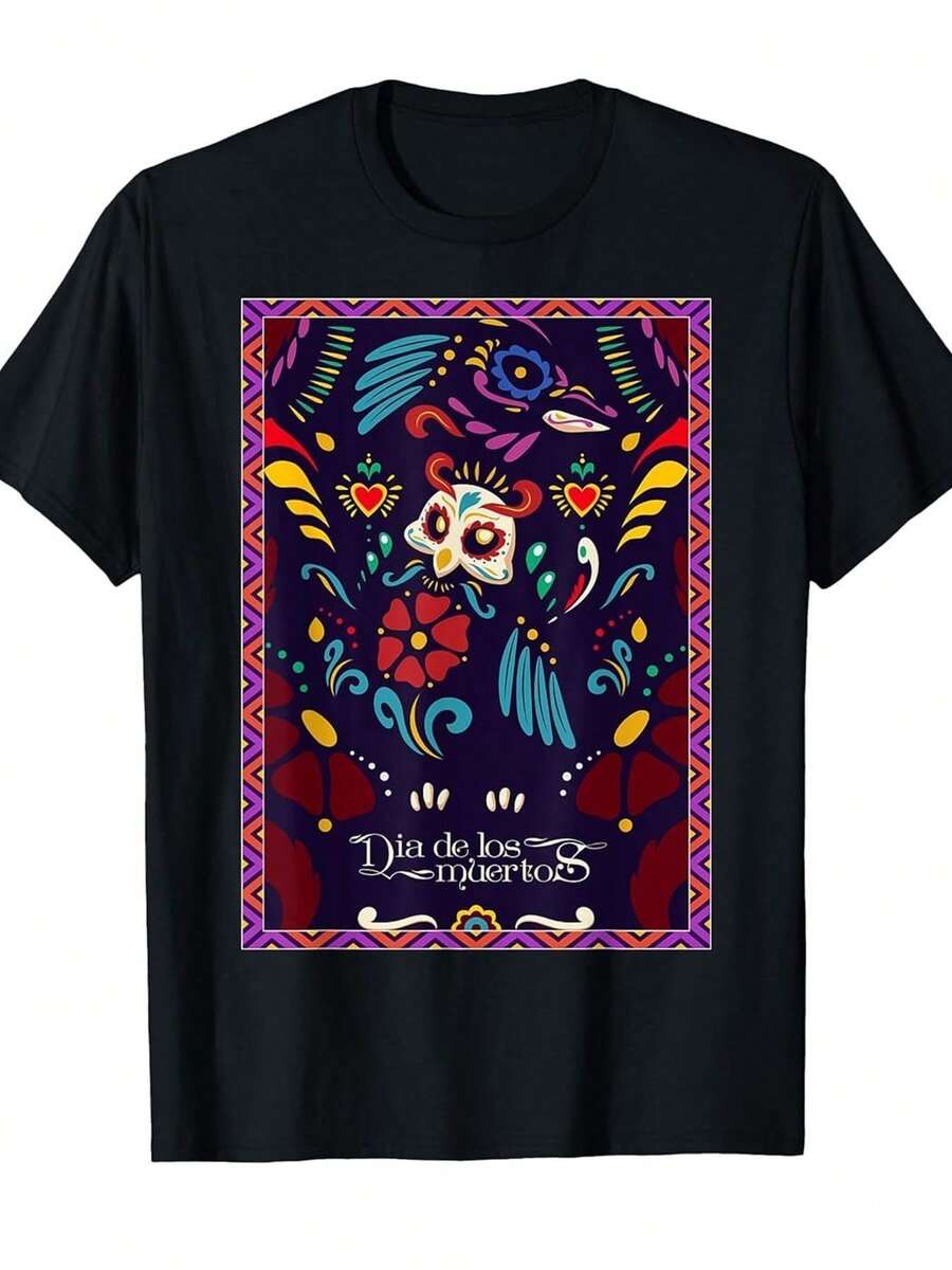 Camiseta De Hombre Para El Día De Los Muertos Mexicano - Estampado Vibrante Del Búho Alebrijes Y Calavera Azucarada, Diseño Colorido Arte Popular Mexica, Camiseta Casual Cuello Redondo Para Celebraciones E Indumentaria Casual En Tallas Adultas Lavable A Máquina, Prenda Cultural Con Patrones Detallados Motivos Tradicionales Méxicos - oscuro - Ver 1