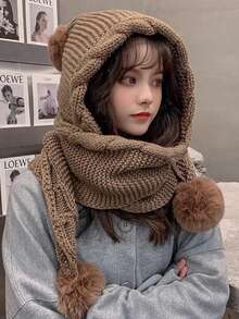 Damen gestrickter Hut mit Schal, süßer Bommel Ohrenschutz, dick & warm, vielseitig für Herbst/Winter