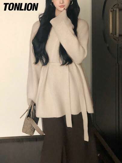  Tonlion 女士优雅腰带设计长款套头衫，秋冬