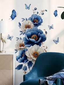 1 rollo de pegatinas de pared con estampado de peonía azul y blanca y mariposa - Papel tapiz autoadhesivo extraíble de PVC contemporáneo para dormitorio, sala de estar, baño, entrada - Aplicación fácil y extracción sin daños, decoración del hogar en azul marino, blanco, decoración de la habitación