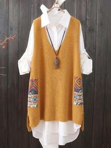 Plus Size Casual V-Neck Random Print Pocket Knit Sweater Dress - Turmeric - View 1