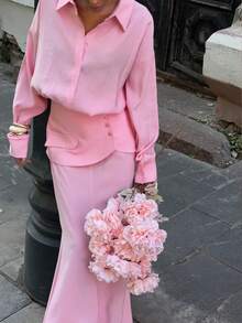 女士优雅复古三件套：衬衫、中长裙，纯色优雅前扣衬衫，适合优雅晚宴约会、度假、休闲外出，春秋季粉色 - 粉色 - 查看 4