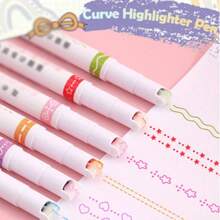 6pcs Fluorescent Pens, Journaling Curved Pens, Roller Flower Pens, Double-Headed Printing Outline Pens, Creative Wave Flower Roller Ball Pens
