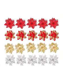 10 件多色圣诞花，金色、红色、银色，圣诞树花，闪光圣诞花装饰，一品红花，人造圣诞树吊坠装饰，派对装饰圣诞树，窗户背景装饰圣诞树装饰花 - 彩色 - 查看 4
