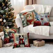 4pcs Christmas Cat Pattern Set - Single-Sided Printed Throw Pillow Cover 45*45cm - Multicolor - View 8