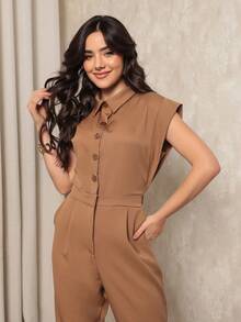 ALETHEIA - ELEGANT TAILORED JUMPSUIT FOR WOMEN WITH JAPANESE SLEEVES, TANK TOP WITH ELASTIC WAISTBAND AT THE BACK - 杏色 - 查看 3