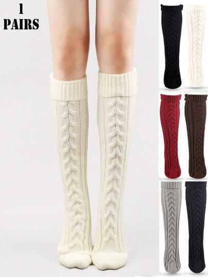 1 par tjocka stickade kabelstickade knästrumpor, varma och avslappnade vardagskläder, mysiga strumpor