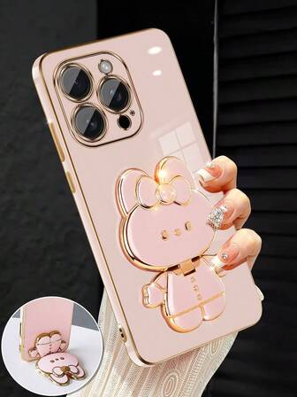 Luxury Electroplated Phone Case With Creative Cute Cat Stand And Built-In Makeup Mirror, Fashionable Silicone Material, Shock-Proof, Compatible With Iphone 16/15/14/13/12/11/X/XS/XR/8/7 Plus/Pro Max, Galaxy S25/S24/S23/S22/S21/Note 20/A55/A54/A53/A52/A35/A34/A23/A16/A15/A14/A13/A12/A05S/FE/Ultra 4G/5G, Redmi Note 13 Pro, Infinix Hot 40i/Smart 8/Spark/GO 2024, OPPO Reno, VIVO, MOTO Honor And Other Models