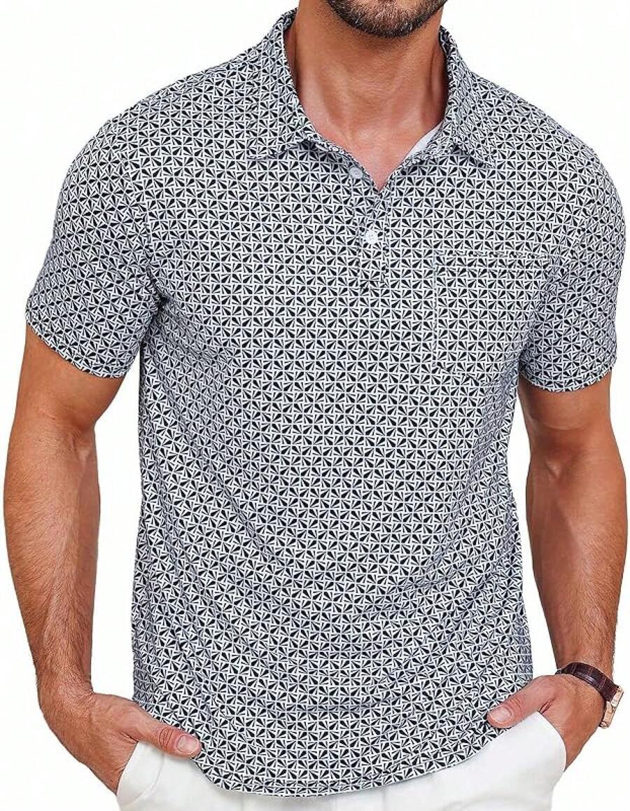 Mens Golf Shirt Short Sleeve Dry Fit Print Moisture Wicking Performance Patterns Collared Polo Shirt With Pocket-2025 - màu đen - Xem 1