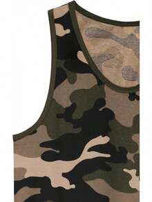 playera de tirantes para hombre, básica, casual, deportiva, para entrenamiento, gimnasio - Camo oliva con encuadernación en contraste - Ver 4