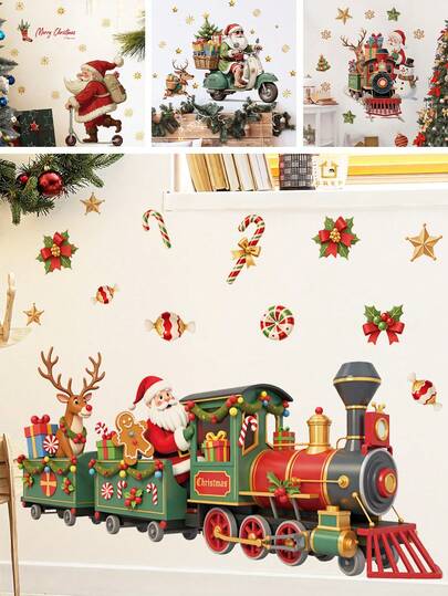 1 件圣诞快乐墙贴 - 圣诞老人火车驯鹿图案，可移除贴花，适用于儿童房育儿室装饰、节日家居装饰和快乐冬季主题和圣诞礼物