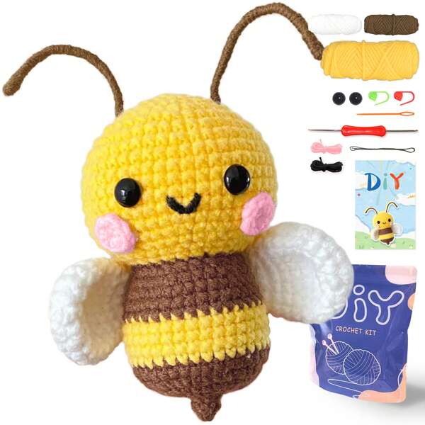 1PC Bee Crochet Material Package,Cute Crochet Stuffed Animal Kit , Birthdays Gift,Beginner Crochet Kits For Gift, Crochet Animal Kit For Beginners Include Videos Tutorials,Yarn,Seam Markers,And Instructions,(Accessories In Random)