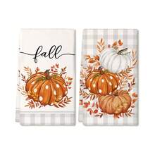 2pcs Thanksgiving Autumn Pumpkin Print Kitchen Towels, Soft And Absorbent, Reusable And Washable, Home Cleaning Essential, Kitchen Accessories, Holiday Gift For Friends - Grey - View 9
