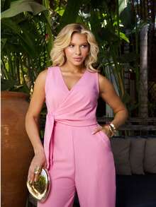 Long Wrap Jumpsuit With V-Neckline - Baby Pink - View 3