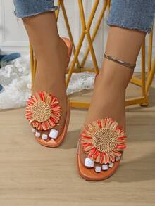 女士凉鞋，夏季鞋履，饰有花卉贴花设计，纯色优雅女士时尚休闲风格，法式浪漫风情，适合宽脚，百搭，适合派对、海滩、约会、正式场合、日常穿着，露趾设计，防滑，轻便，室内外皆宜的多功能平底拖鞋，饰有花卉图案 - 橘色 - 查看 3
