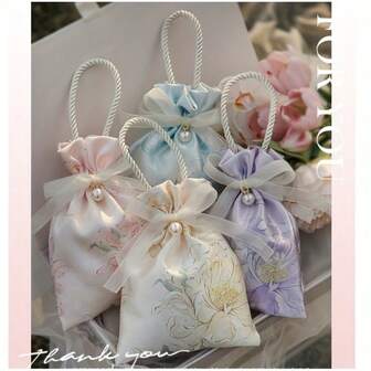 16pcs Elegant Floral Fabric Gift Bags With Pearl Decor - Drawstring Closure, Pink, Blue, Purple, White And Beige, Suitable For Weddings, Souvenirs And Party Favors, Party Favor Bags | Floral Pattern Bags | Drawstring Closure Bags, Christmas, Bachelorette Party Bags