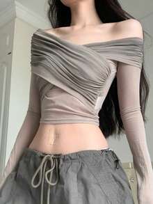 Áo thun ngắn tay dài hở vai gợi cảm Dazzle dành cho nữ, thời trang đường phố - Xám - Xem 1