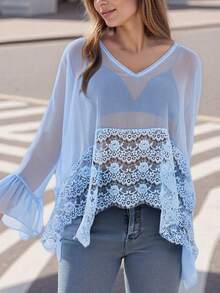 Womens Y2K Lace Patchwork Frill Poncho Tops Solid Color See Through Batwing Sleeve V Neck Ruffle Hem Loose Fit Sheer Mesh T Shirts Blouses Boho Peplum Shawl Shirts Summer Going Out Tops Beach Cover Up Vacation Streetwear - 藍色 - 查看 1