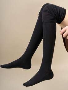 1/2/3/4/5 Pairs Women Solid Color Vertical Striped Thigh High Socks, Fashion JK Style, Comfortable & Breathable