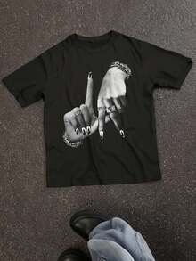 La Gesture Print Y2K Style Crew Neck Short Sleeve 1pc Loose Fit T-Shirt - Cotton Knit Fabric, Regular Length, All-Season Wear - Black - View 1