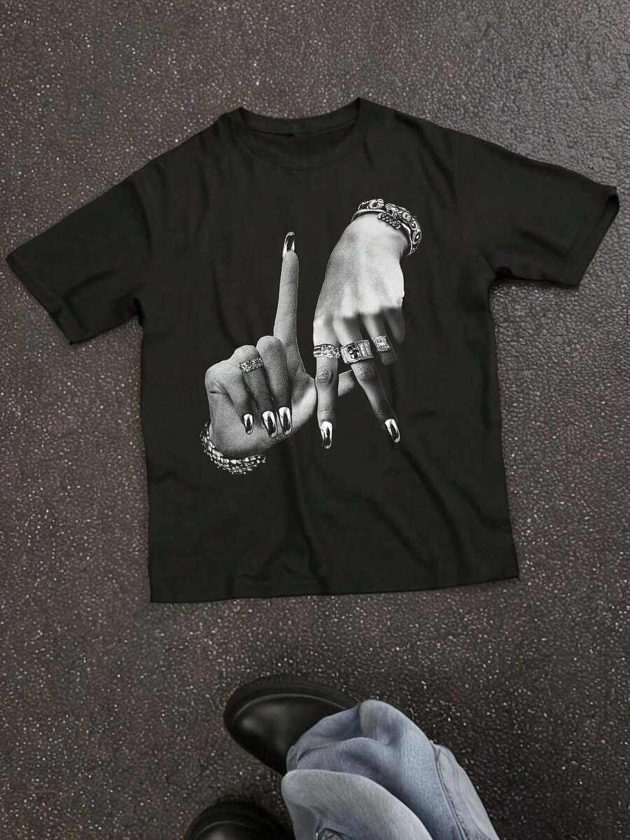 La Gesture Print Y2K Style Crew Neck Short Sleeve 1pc Loose Fit T-Shirt - Cotton Knit Fabric, Regular Length, All-Season Wear - Black - View 1