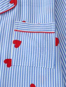 2pcs Women Striped & Heart Print Pajama Set, Long Sleeve Button Collar Top And Pants, Casual Sleepwear Homewear Suit For Autumn/Winter, Fall Clothes - Blue and White - View 4