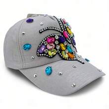 "Rainbow Butterfly" Bling Bling Bead BASEBALL CAP Adjustable, UV Protection, Perfect For Outdoor Activities, Casual - Bạc - Xem 3
