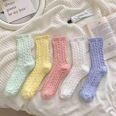 5켤레 부드럽고 냄새 방지 기능이 있는 푹신한 케이블 니트 마카롱 컬러 미드-카프 양말, 따뜻하고 아늑한 가을/겨울용, 산후에 적합