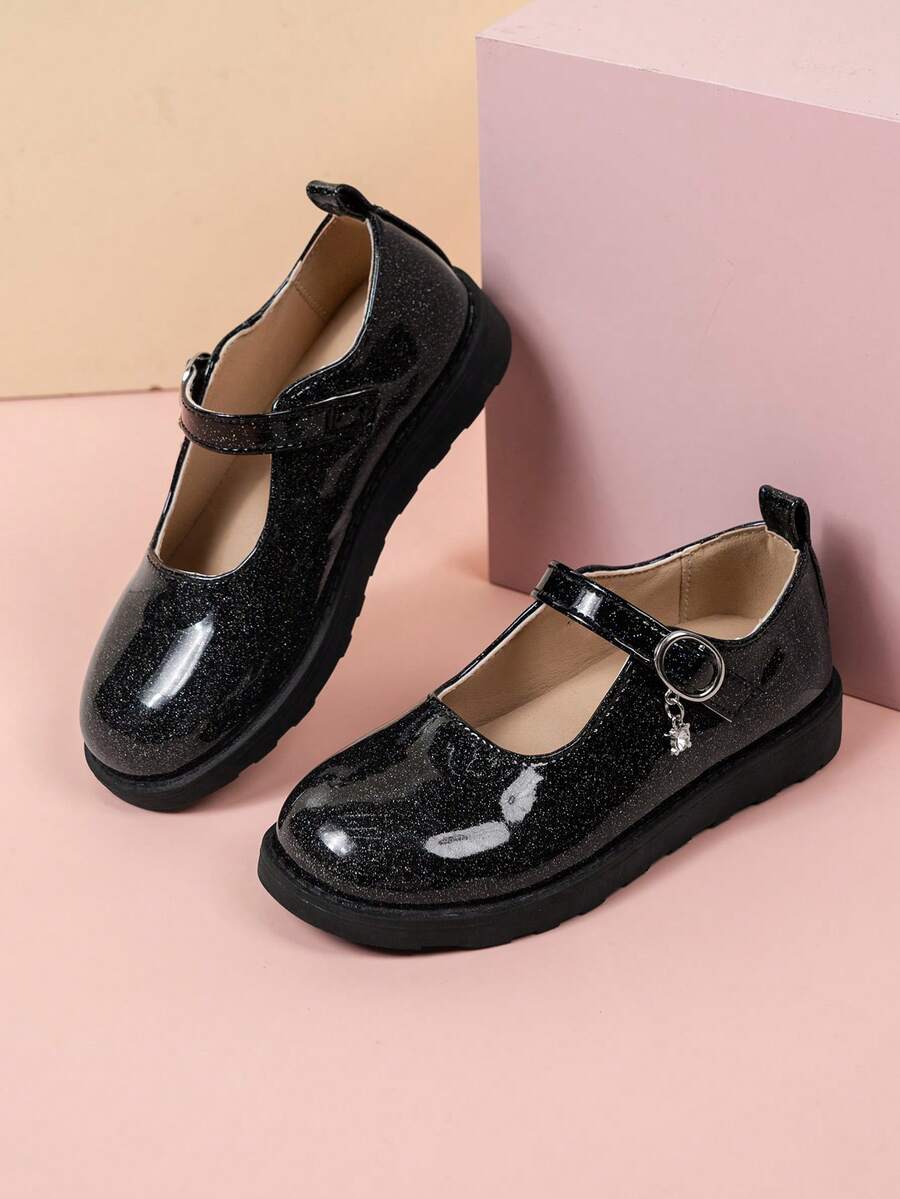 Zapatos planos de princesa/estudiante de moda brillantes y negros para niñas pequeñas, versátiles para primavera y otoño