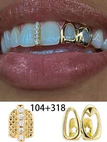 2pcs Hollow Golden Side Tooth Decor Niche Design Double Hollow Heart Shaped Teeth Decor Hip Hop Punk Style For Women, Music Festival, Party, Holiday, Couples Gift