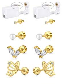 一次性耳洞枪套装，耳洞穿刺套装，自穿耳洞套装，金银耳环，防过敏不锈钢穿孔工具，家用 20G 人造珍珠耳钉和 2mm 3mm 4mm CZ 平背耳钉 - 彩色 - 查看 15