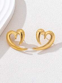 1 Pair Simple Versatile Hollow Heart, Metal Peach Heart Stud Earrings For Women, Suitable For Daily Wear, Dates, Valentine's Day, New Year Gifts, Family Gatherings, Casual Holidays - Yellow Gold - View 7