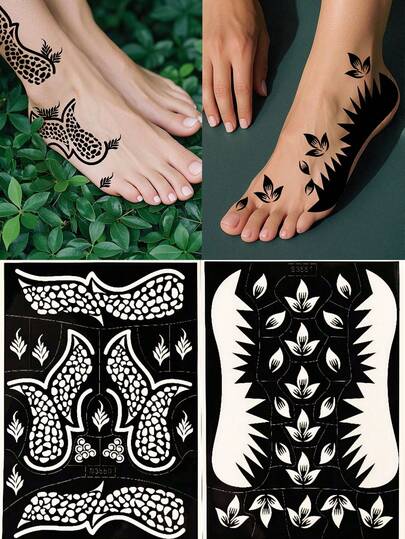 2 张花卉指甲花模板人体彩绘化妆美容院 Mehndi 花卉纹身模板人体彩绘贴纸模板适用于脚