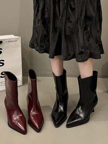 2025新款秋冬宽松直筒简约中筒靴尖头细跟高筒靴西式度假 - 黑色 - 查看 3