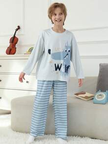 2pcs/Set Cartoon Flame Retardant Boys Sleepwear, Blue Striped Children Pajamas, Autumn/Winter - Blue - View 5
