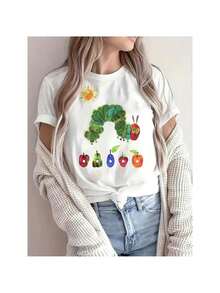 Women's Soft  Short Sleeve T-Shirt - Whimsical For CaTeRPiLLaR &Amp; Fruit Cartoon Print, Round Neck, Machine Washable, Lightweight &Amp; Breathable For Spring/Summer, Everyday Tshirt | Playful Design | Lightweight Fabric, T Shirts - White - View 1