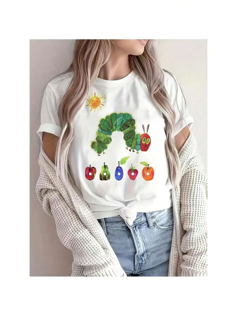 Women's Soft  Short Sleeve T-Shirt - Whimsical For CaTeRPiLLaR &Amp; Fruit Cartoon Print, Round Neck, Machine Washable, Lightweight &Amp; Breathable For Spring/Summer, Everyday Tshirt | Playful Design | Lightweight Fabric, T Shirts - White - View 1